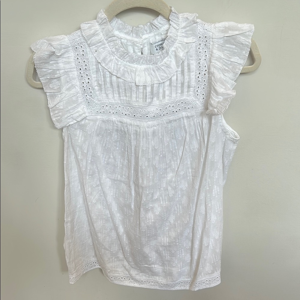 Crown & Ivy White Ruffled Smocked Blouse with Bib Collar